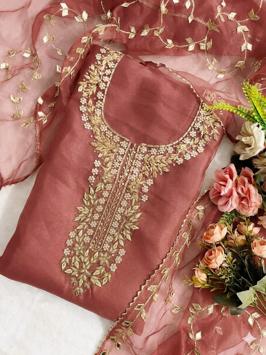Pure Organza Zardozi Work unstitched Suit With Gota Patti Dupatta