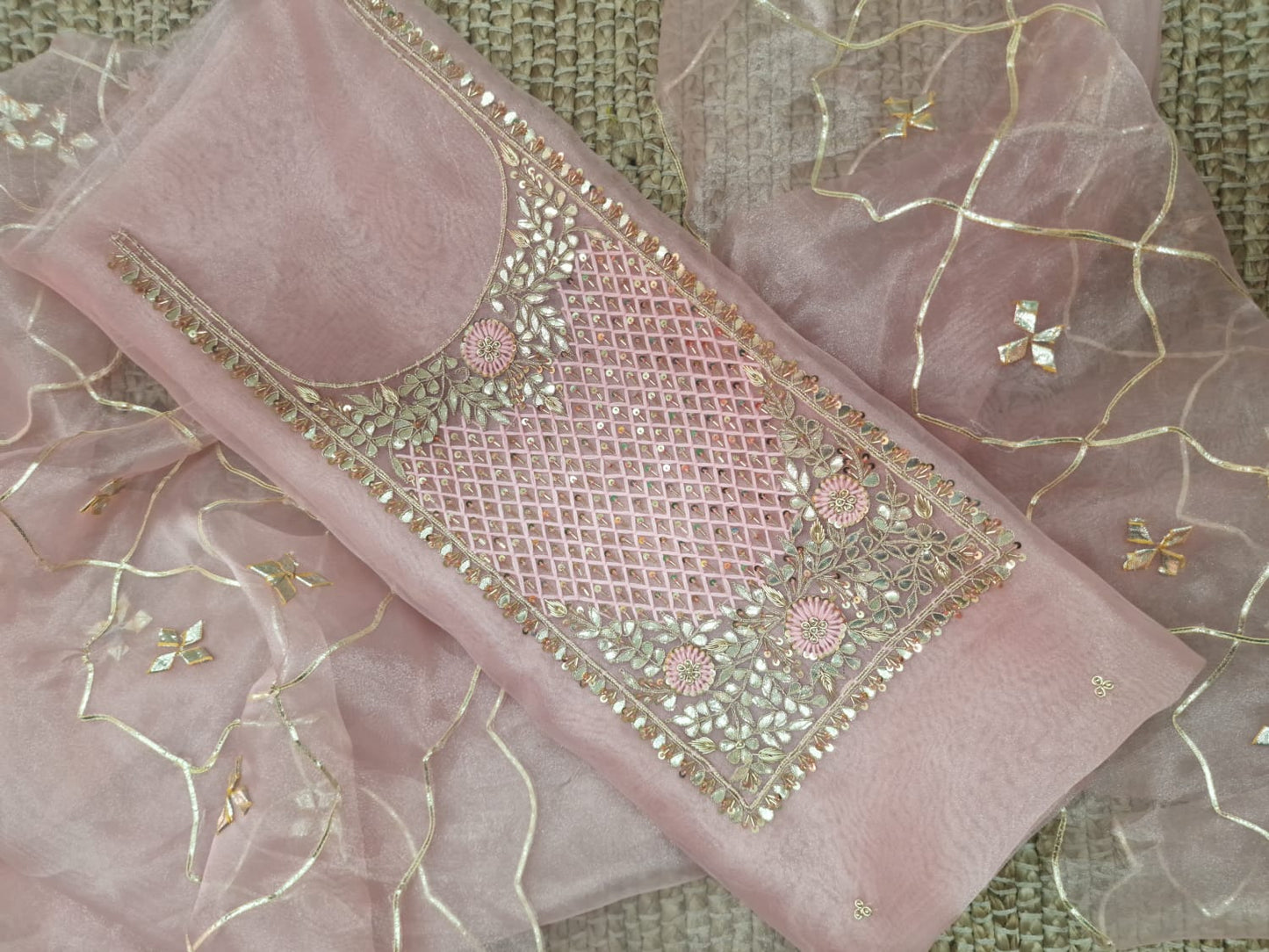 Organza Zardozi Work unstitched Suit With Gota Patti Dupatta