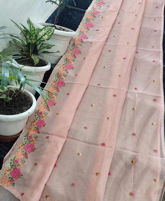 Kota Doria Soft Silk Saree With Embroidery  Work