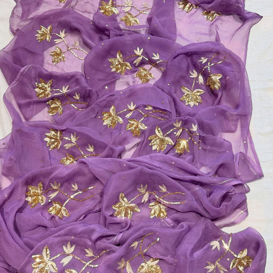 Pure Jaipuri Dimond Chiffon Sequence  Zari Work Saree With Running Blouse.( 13 Buti )