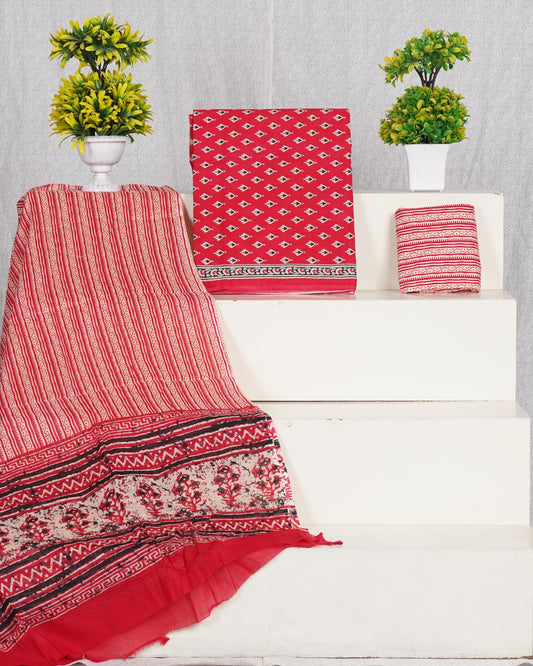 Pure Cotton Jaipuri Hand Block Print Unstitched Suit With Mul Cotton Dupatta.