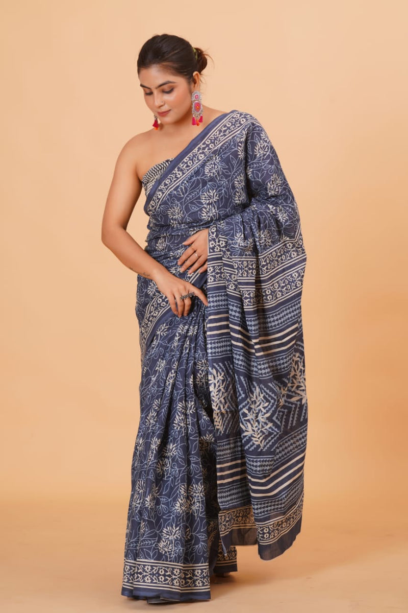 Pure Hand Printed Cotton Sarees With Blouse