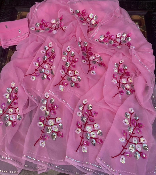 Pure Jaipuri Diamond Chiffon Sarees With Sequence Work
