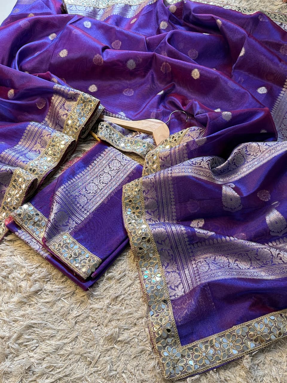 Tissue Silk Saree with Stripe Work and Moti Border