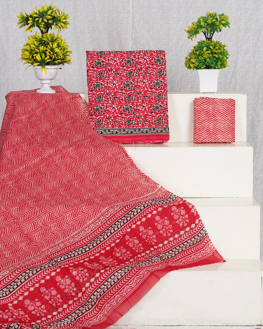 Pure Cotton Jaipuri Hand Block Print Unstitched Suit With Mul Cotton Dupatta.