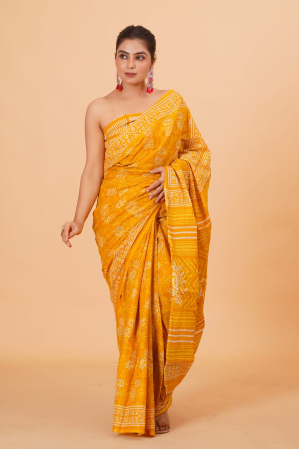 Pure Hand Printed Cotton Sarees With Blouse