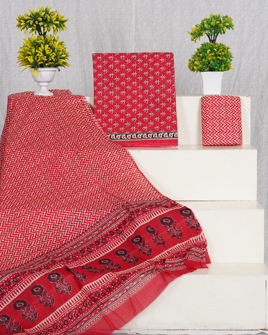 Pure Cotton Jaipuri Hand Block Print Unstitched Suit With Mul Cotton Dupatta.