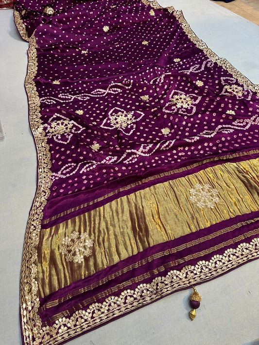 Pure Hand Bandhej Gajji Silk Saree Gota Patti Work With Hand Work Blouse.