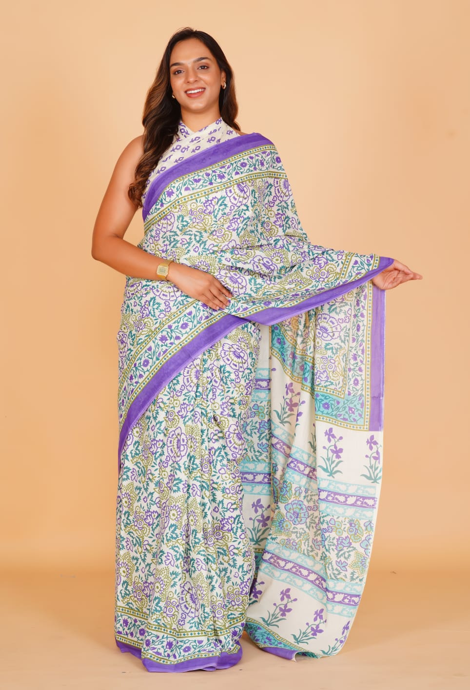 Pure Hand Printed Cotton Sarees With Blouse