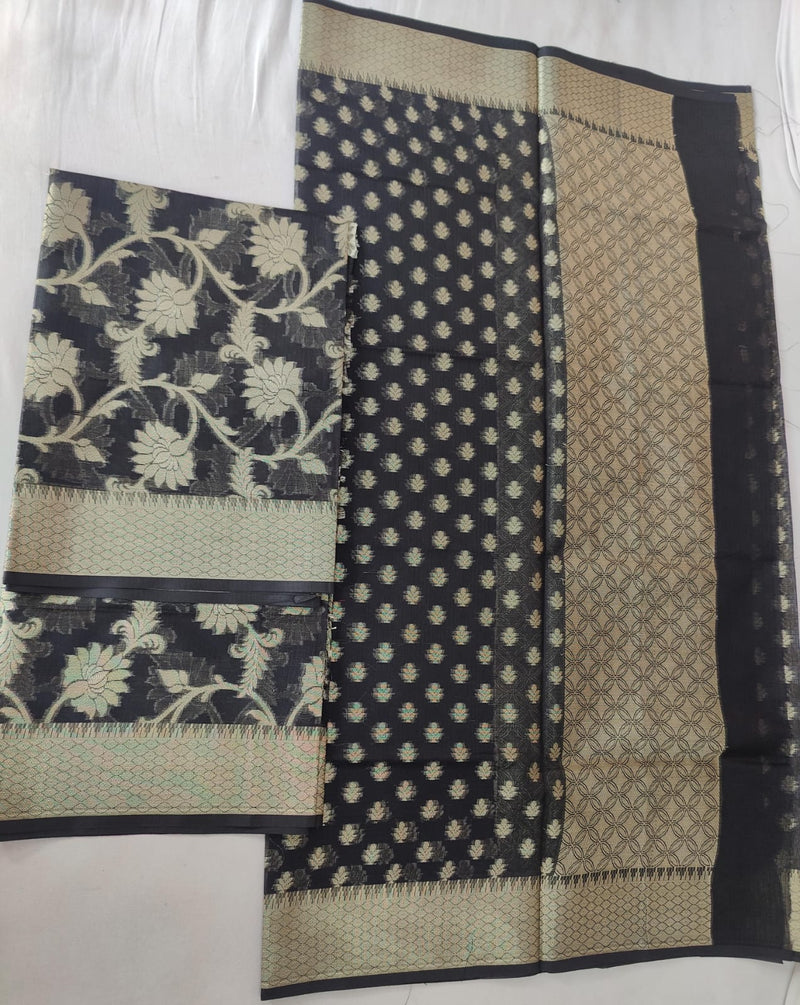 Pure Kota Doriya Zari Work Unstitched Suit With Dupatta & Bottom