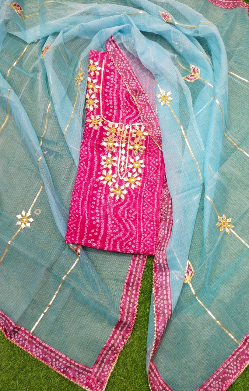 Pure Kota Doriya Unstitched Suit With Gota patti Work