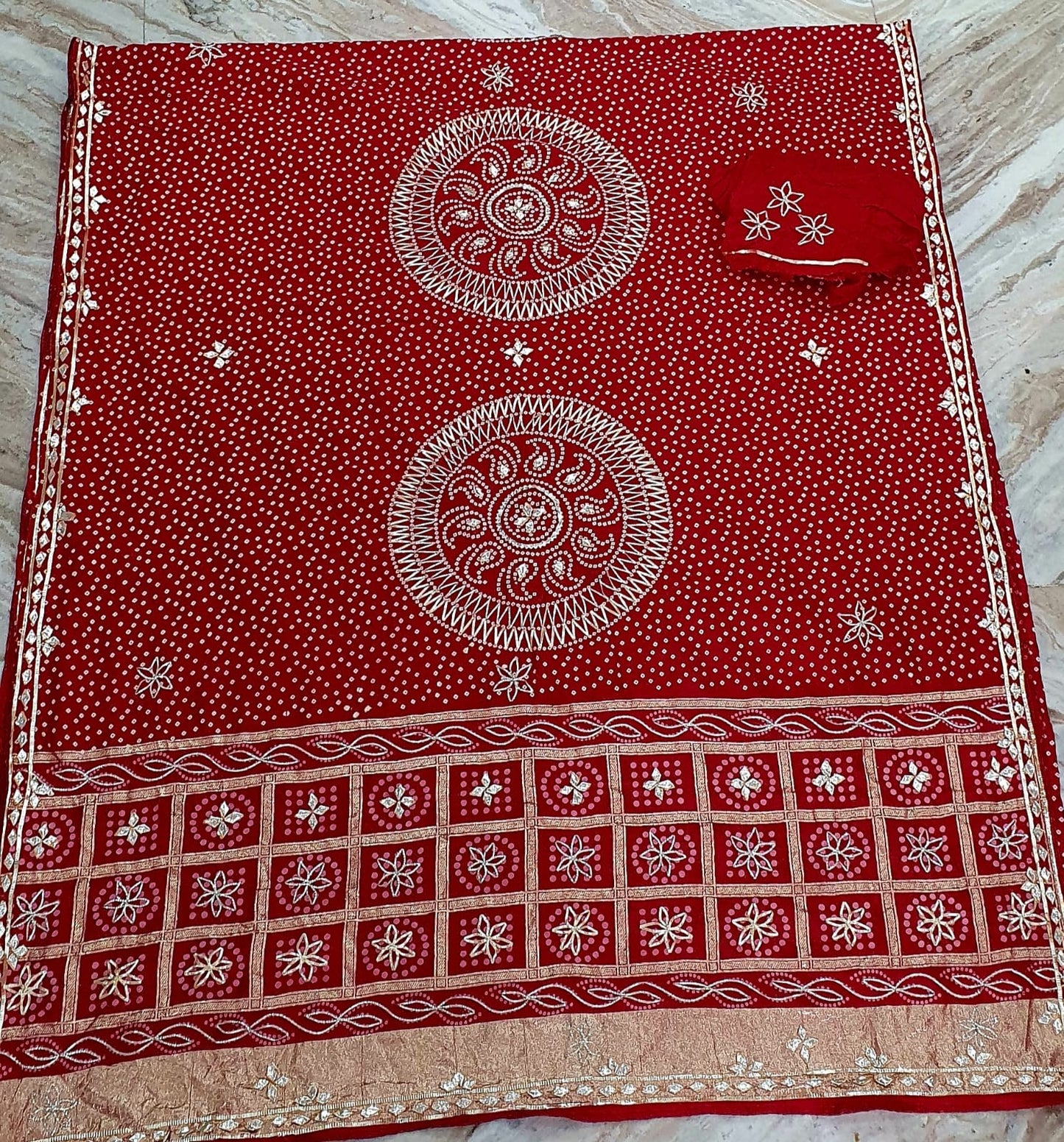 Pure Hand Bandhej Gajji Silk Saree Kachi  Gota Patti Work With Hand Work Blouse.