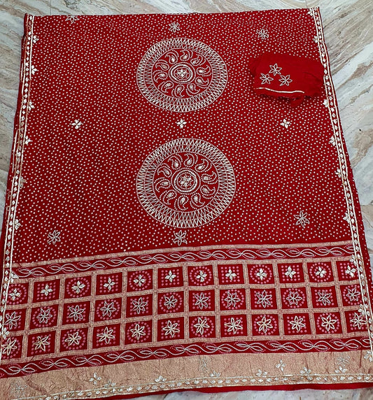 Pure Hand Bandhej Gajji Silk Saree Kachi  Gota Patti Work With Hand Work Blouse.
