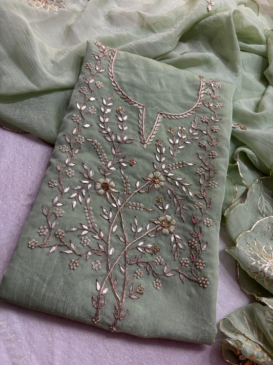 Premium Crush tissue  Unstitched Suit Zardogi Work With Gota Patti Duptta