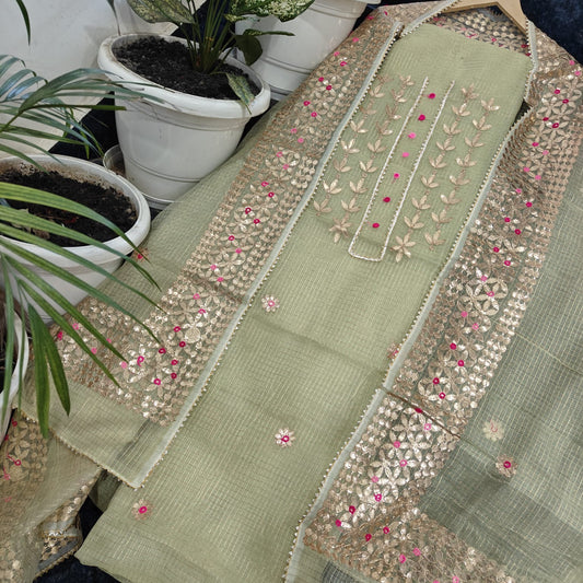 Pure Kota Doriya Gotta Patti Work Unstitched Suit .