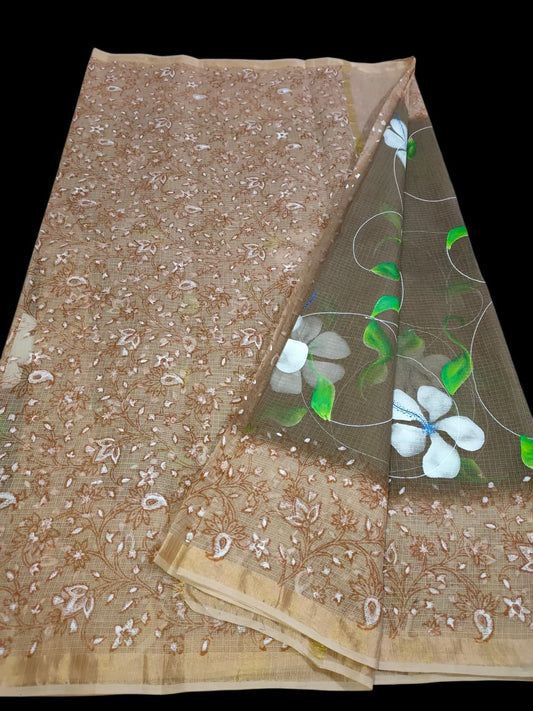 Kota Doria Saree With Hand Bursh Print Work