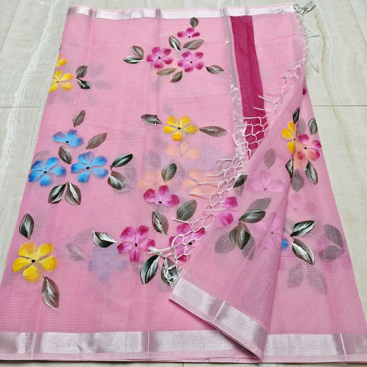 Kota Doria Saree With Hand Bursh Print Work