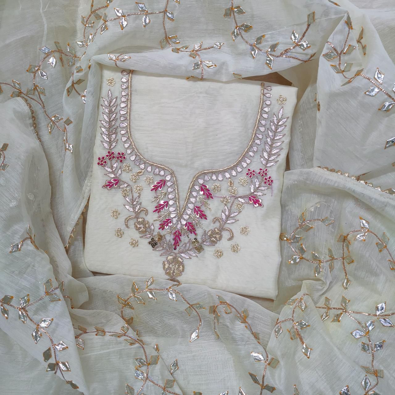 Chanderi Gota Patti Work Unstitched Suit With Kacha Patti dupatta