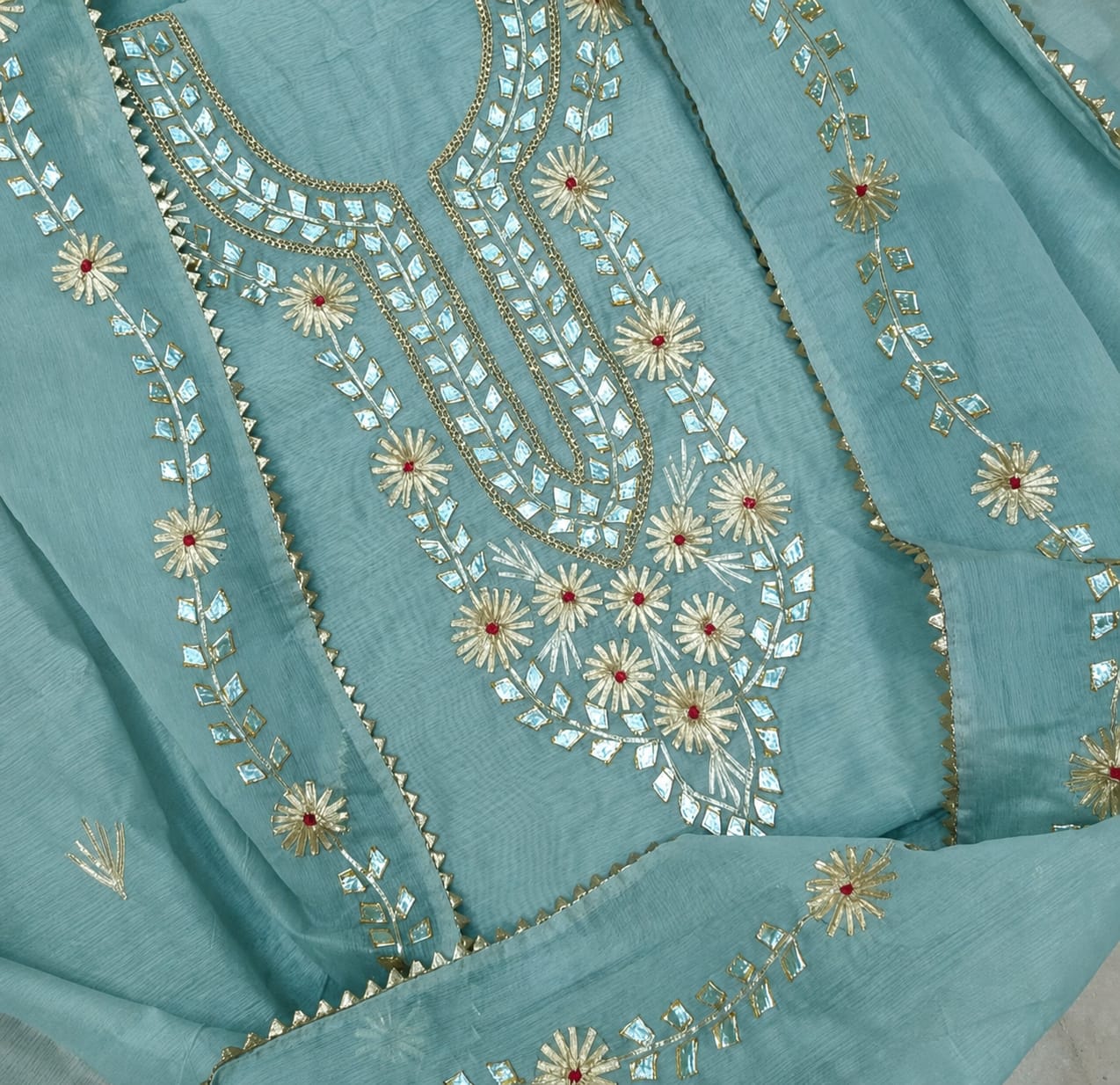 Premium  Chanderi Silk Kacha Patti Work Unstitched Suit With dupatta