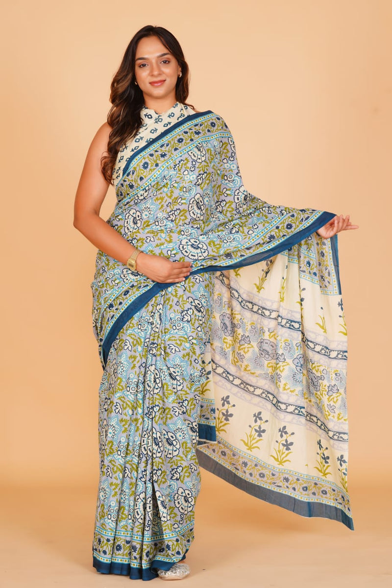 Pure Hand Printed Cotton Sarees With Blouse