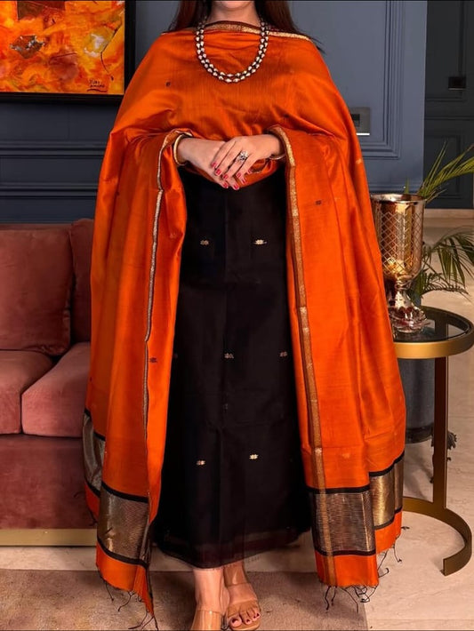 Pure Maheswari Silk Cotton Handwoven Unstitch Suit With  Buti