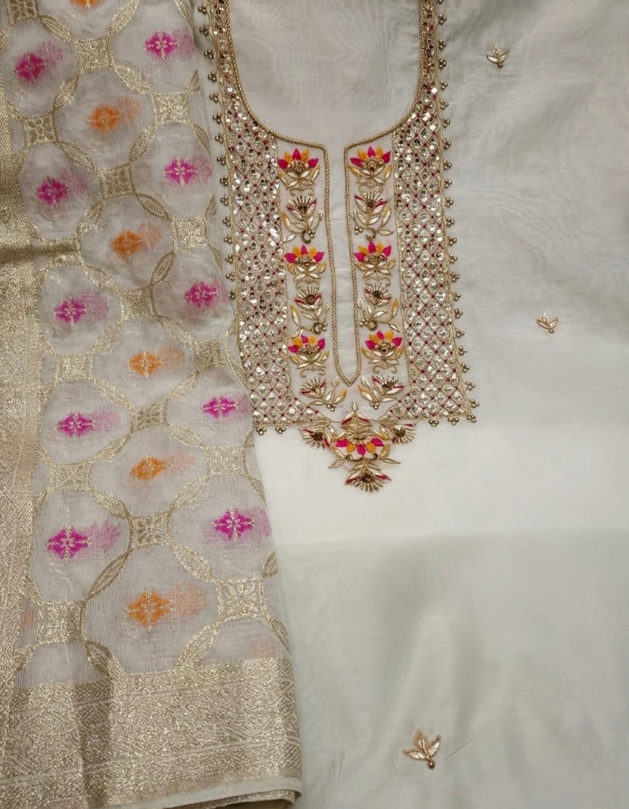 Chanderi Zardoz Work Unstitched Suit With Banarsi dupatta