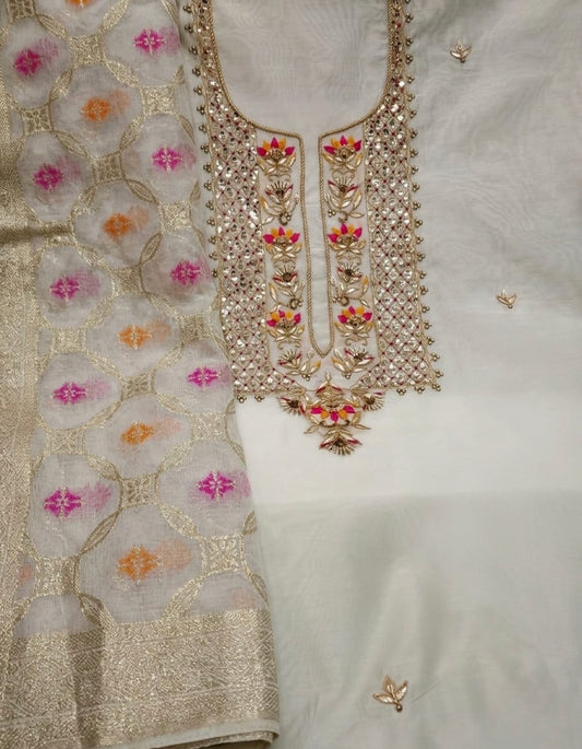 Chanderi Zardoz Work Unstitched Suit With Banarsi dupatta