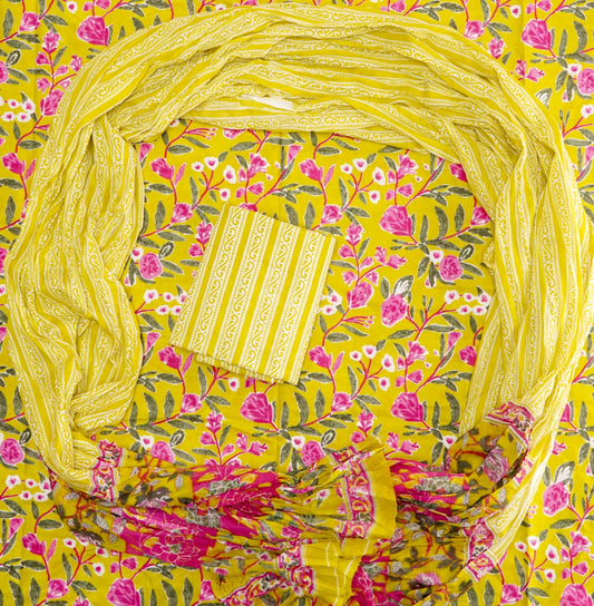 Pure Cotton Hand Block Print Unstitched Suit With Mul Cotton Dupatta.