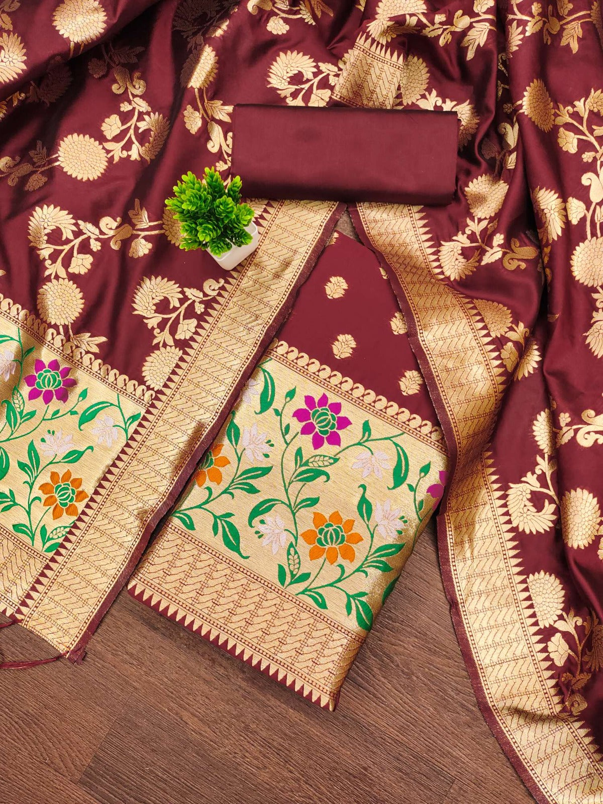 Designer Paithani Woven Unstitched Suit With Bottom