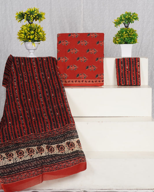 Pure Cotton Jaipuri Hand Block Print Unstitched Suit With Mul Cotton Dupatta.