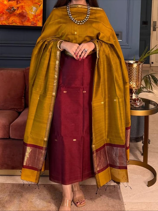 Pure Maheswari Silk Cotton Handwoven Unstitch Suit With  Buti