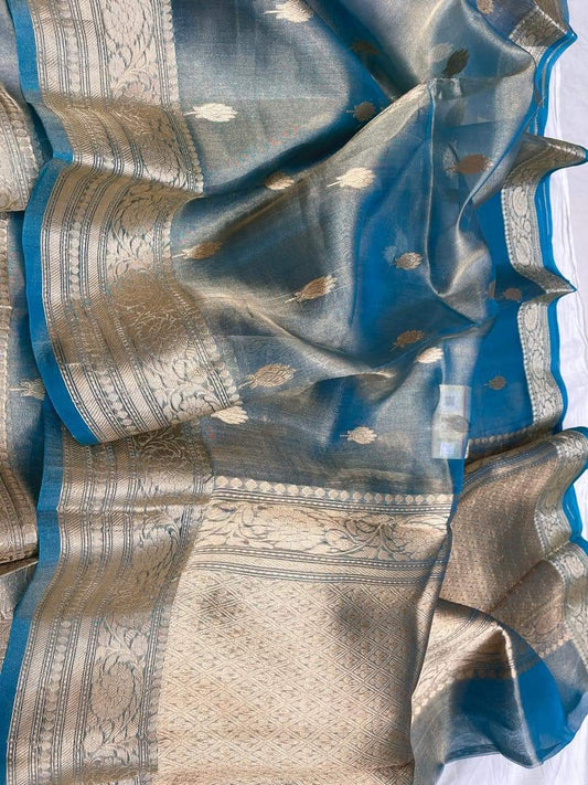 Banarasi Tissue Silk Saree With Zari Booti Weaving Designer Pallu