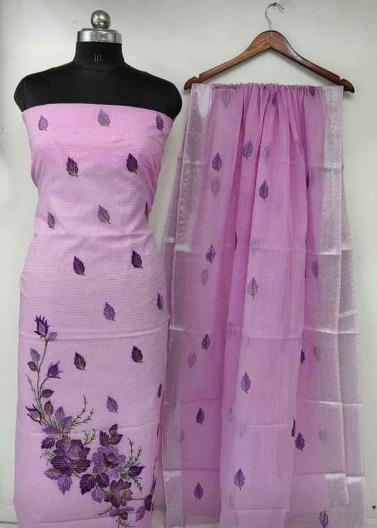 Pure Kota Doriya Embroidery Unstitched Suit With Dupatta & Bottom.