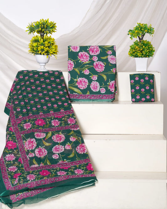 Pure Cotton Jaipuri Hand Block Print Unstitched Suit With Mul Cotton Dupatta.