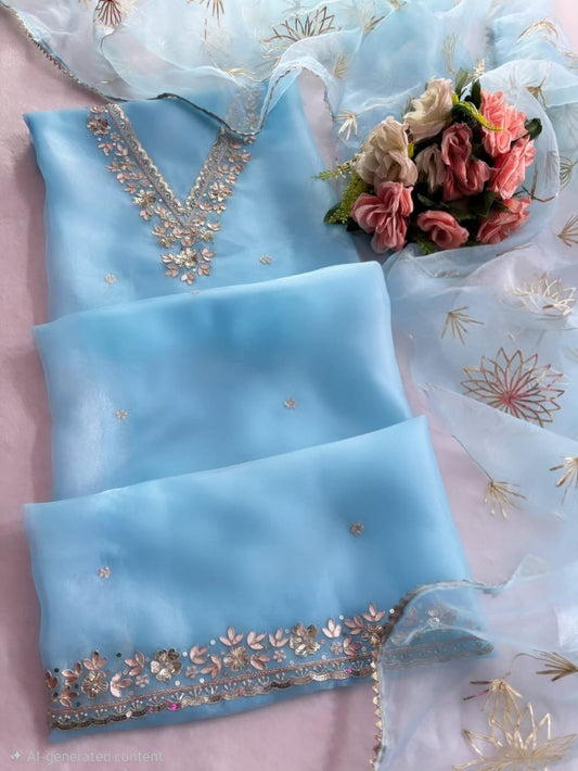 Pure Organza Zardozi Work unstitched Suit With Gota Patti Dupatta