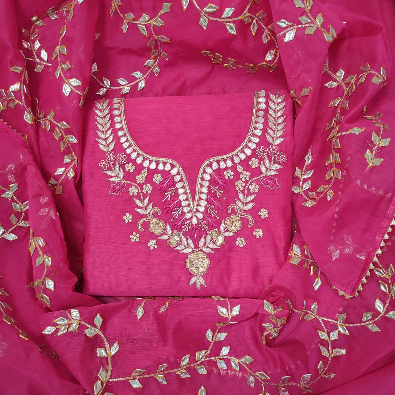 Chanderi Gota Patti Work Unstitched Suit With Kacha Patti dupatta