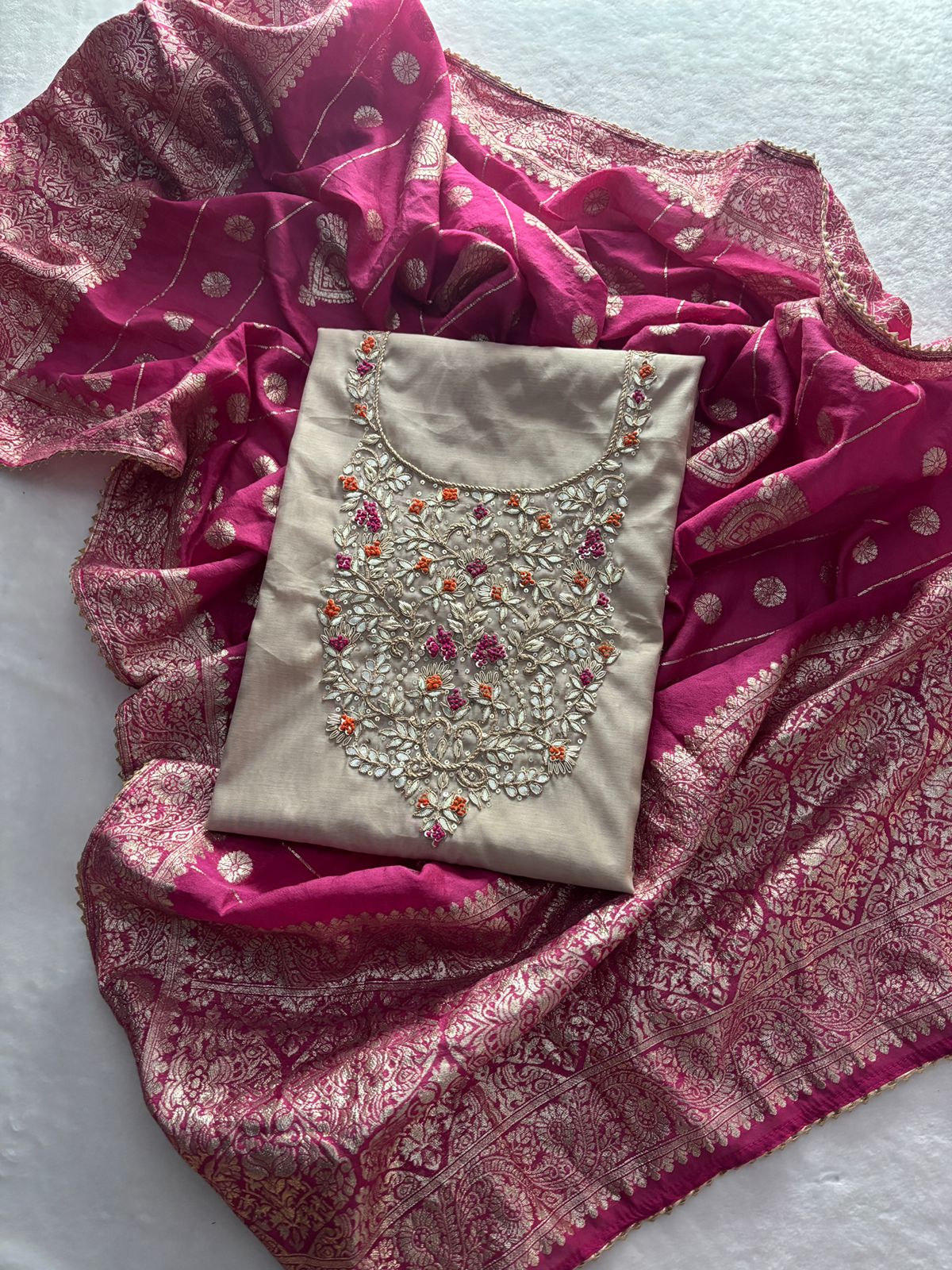 Rich Chanderi  Unstitched Suit with Zardogi Work with Dupatta
