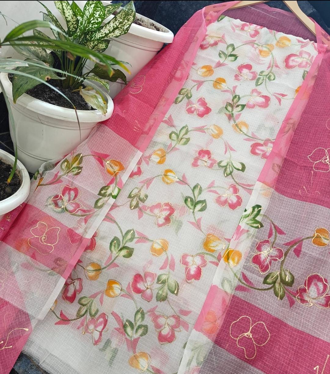 Pure Kota Doriya Unstitched Suit  Brush Print Work With Duptta