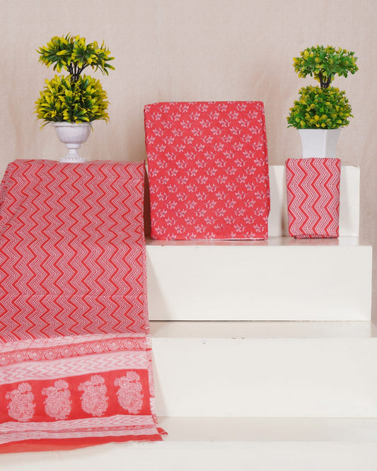 Pure Cotton Hand Block Print Unstitched Suit With Mul Cotton Dupatta.