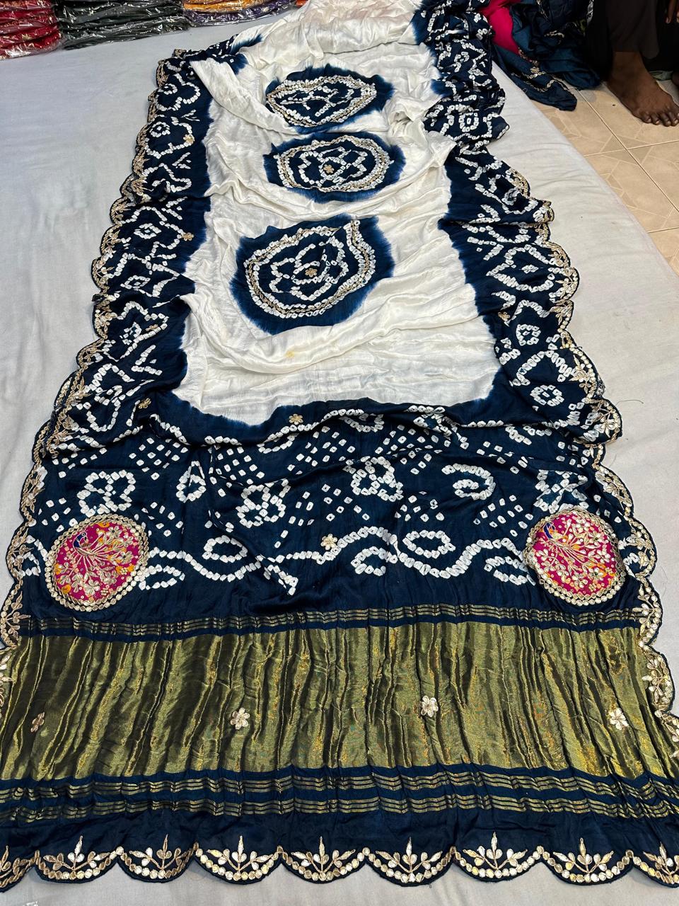 Pure Hand Bandhej Gajji Silk Saree Gota Patti Work With Hand Work Blouse.