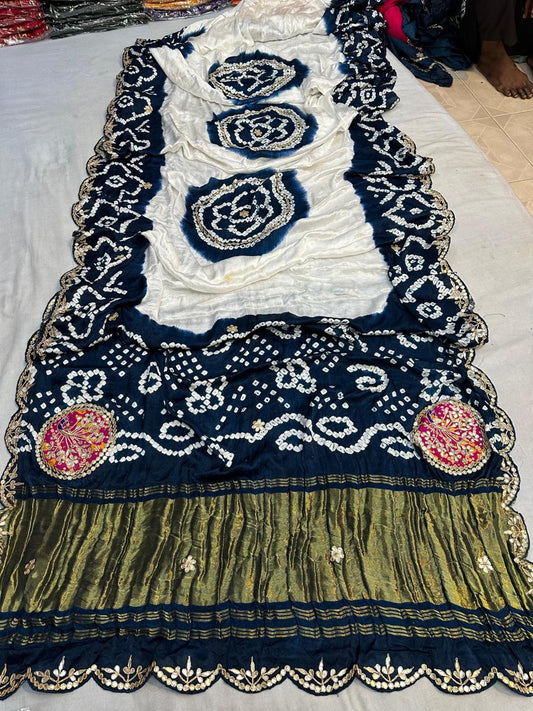 Pure Hand Bandhej Gajji Silk Saree Gota Patti Work With Hand Work Blouse.