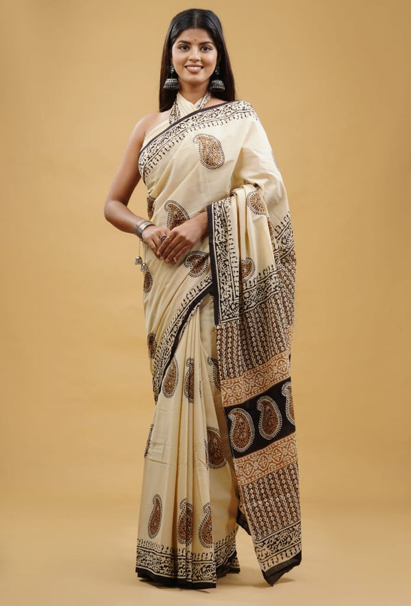 Pure Hand Block Printed Cotton Sarees With Blouse