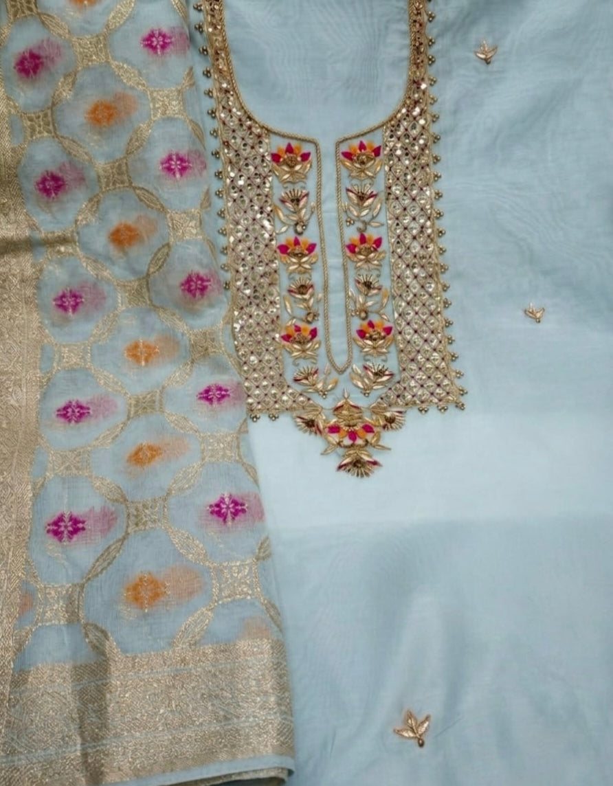 Chanderi Zardoz Work Unstitched Suit With Banarsi dupatta