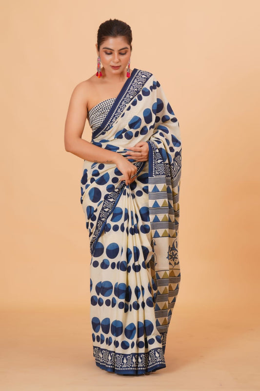 Pure Hand Printed Cotton Sarees With Blouse