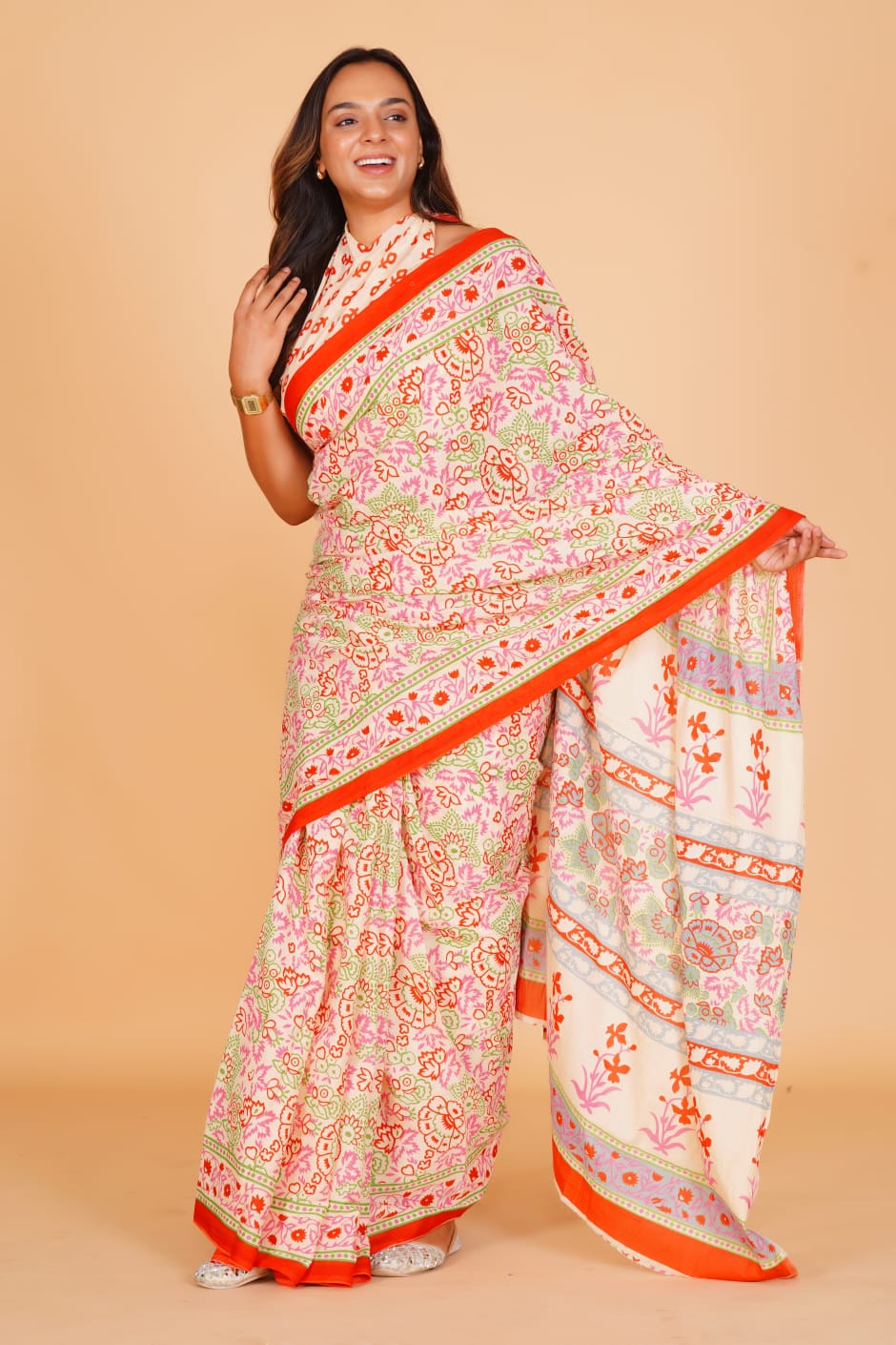 Pure Hand Printed Cotton Sarees With Blouse