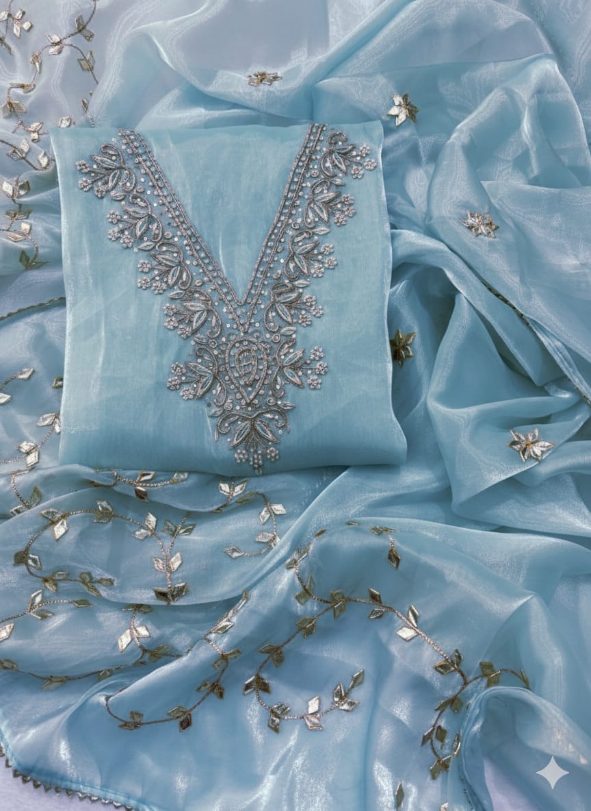 Pure jimmy choo Unstitched Suit with Zardogi Work Dupatta With Gota Patti Work