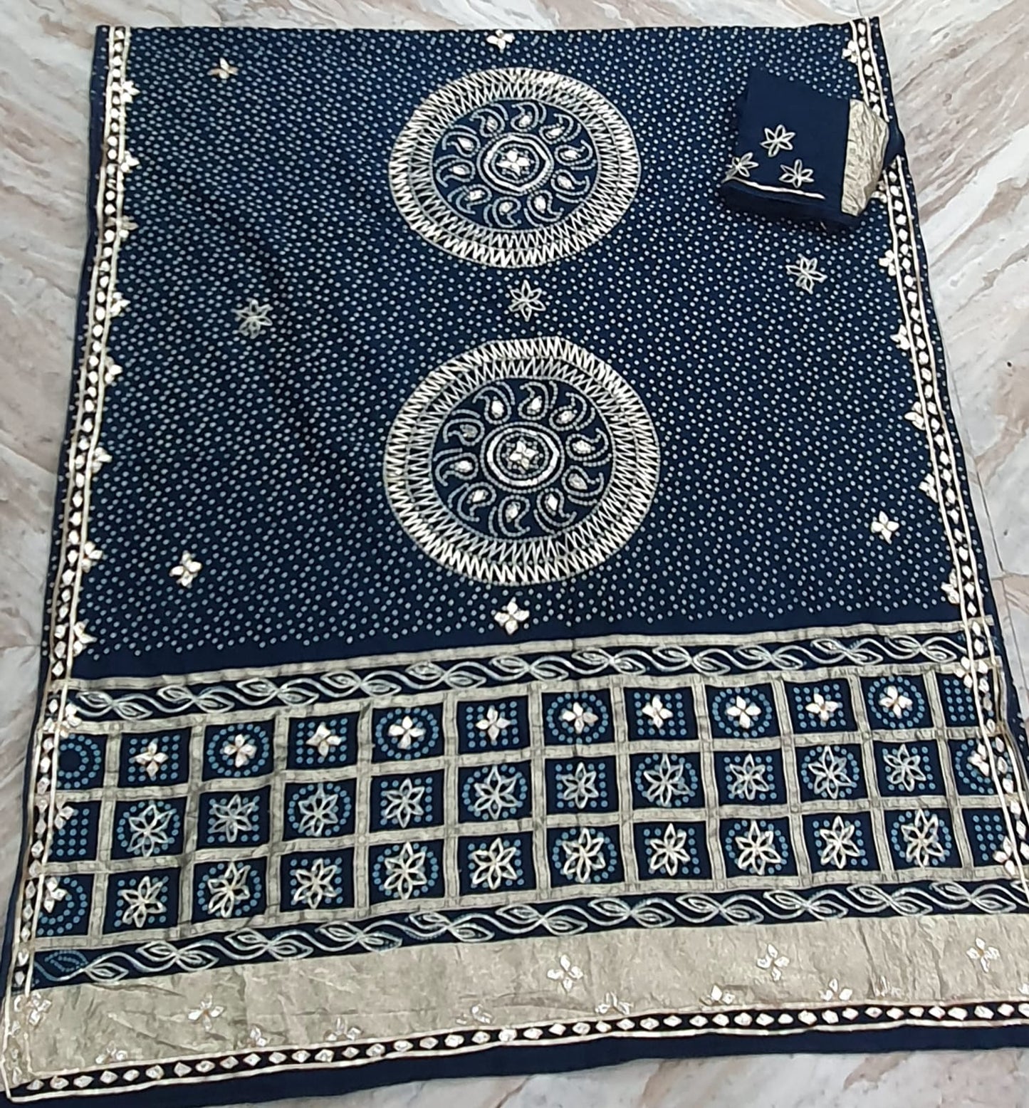 Pure Hand Bandhej Gajji Silk Saree Kachi  Gota Patti Work With Hand Work Blouse.