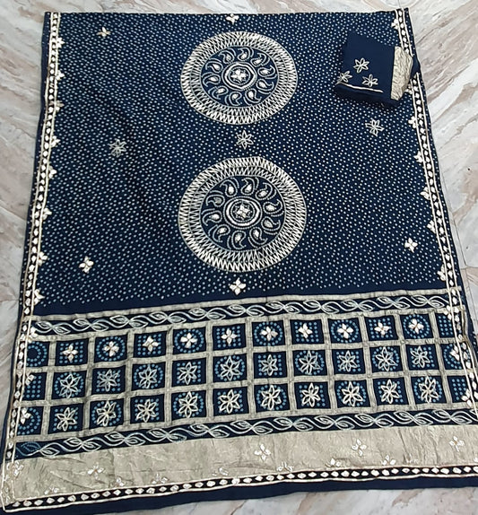 Pure Hand Bandhej Gajji Silk Saree Kachi  Gota Patti Work With Hand Work Blouse.