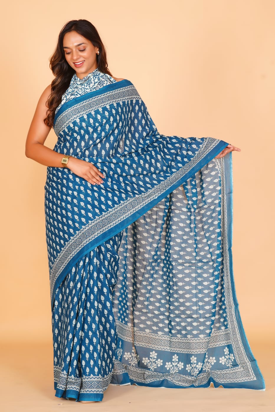 Pure Hand Printed Cotton Sarees With Blouse