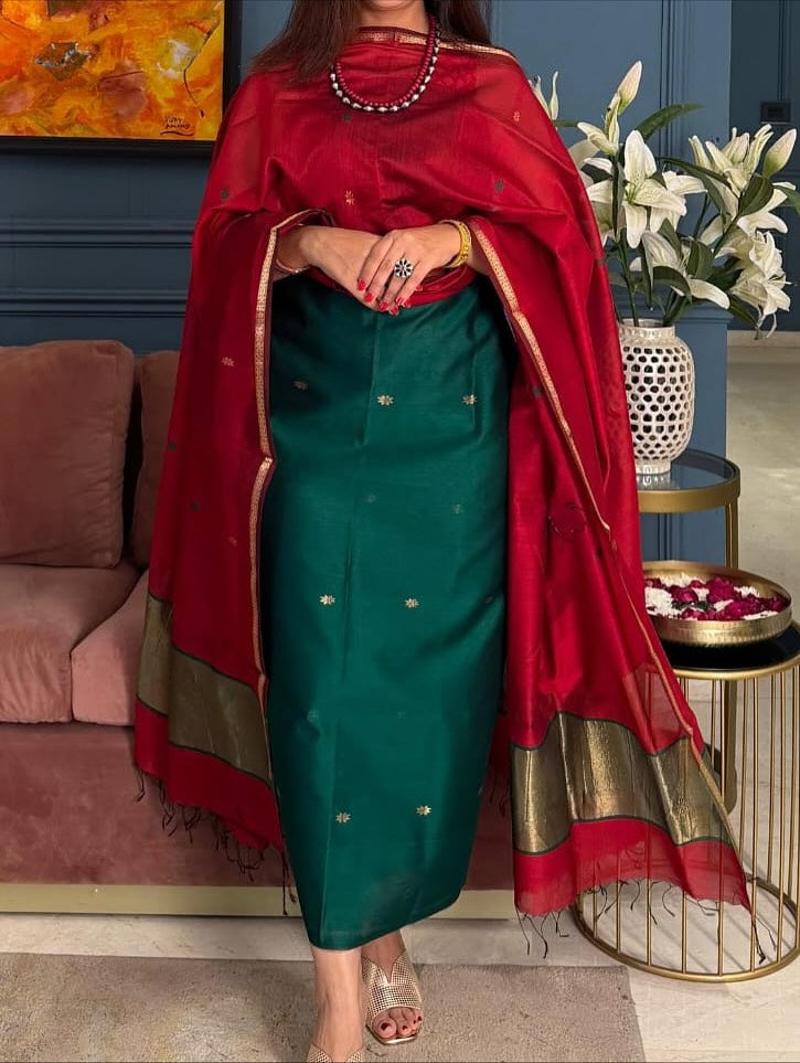 Pure Maheswari Silk Cotton Handwoven Unstitch Suit With  Buti